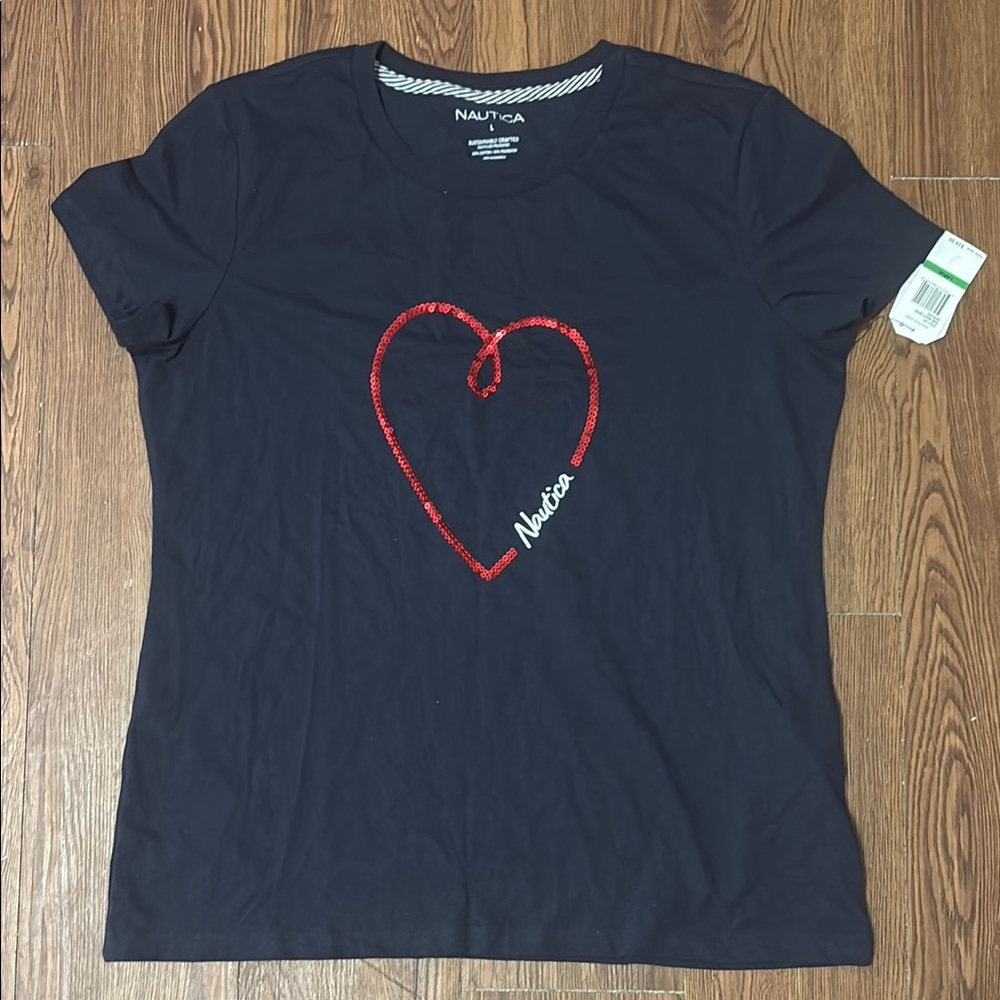 Nautica Navy Tee with Red Heart Embroidery